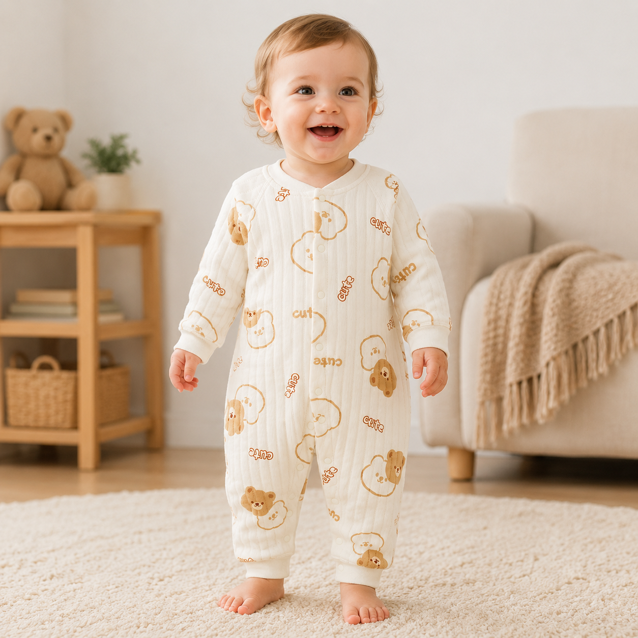 CuddleCub™ Cartoon Bear Romper – Soft Autumn & Winter Bodysuit for Baby Boys and Girls