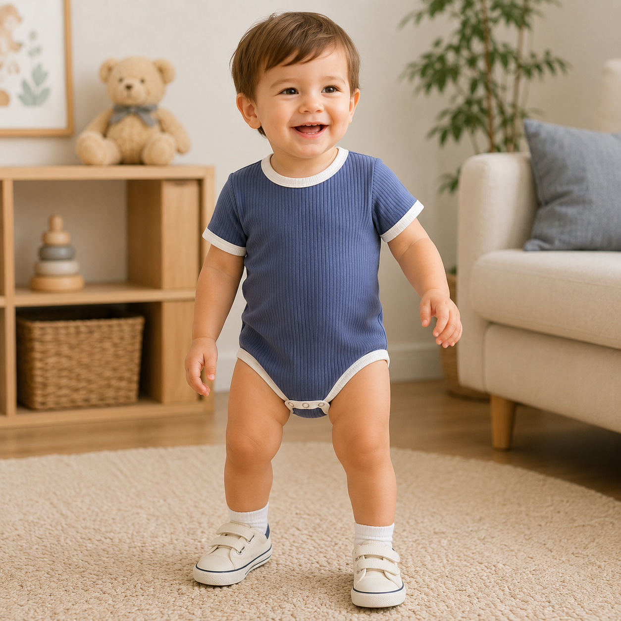 SoftNest – Ribbed Cotton Short Sleeve Romper for Newborns