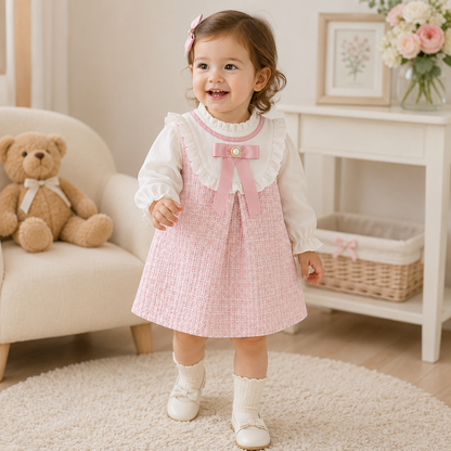 Spring Grace – Girls’ Long Sleeve Bow Dress in Korean Casual Style