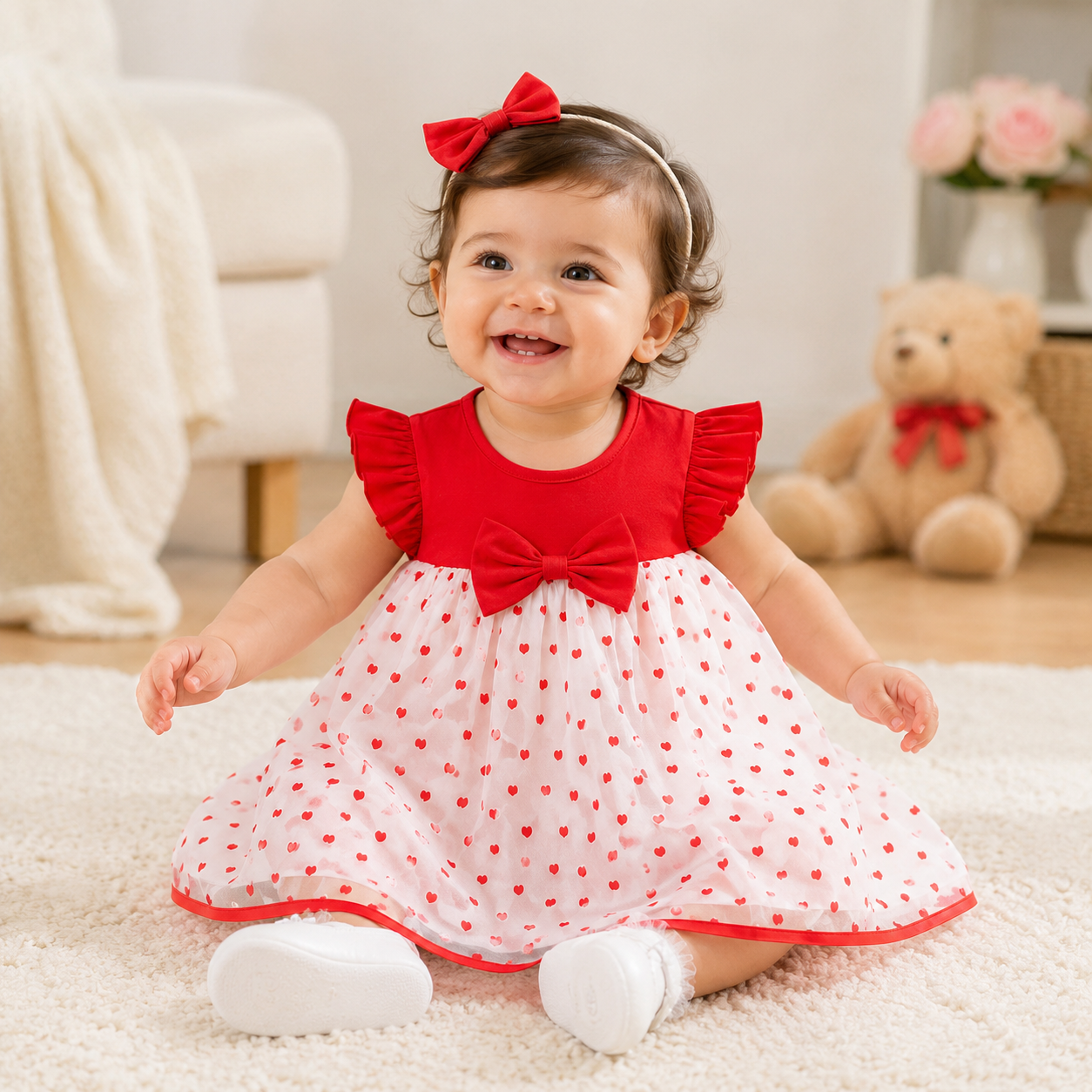 HeartGlow – Red Mesh Tutu Dress with Embroidered Hearts & Bow for Baby Girls