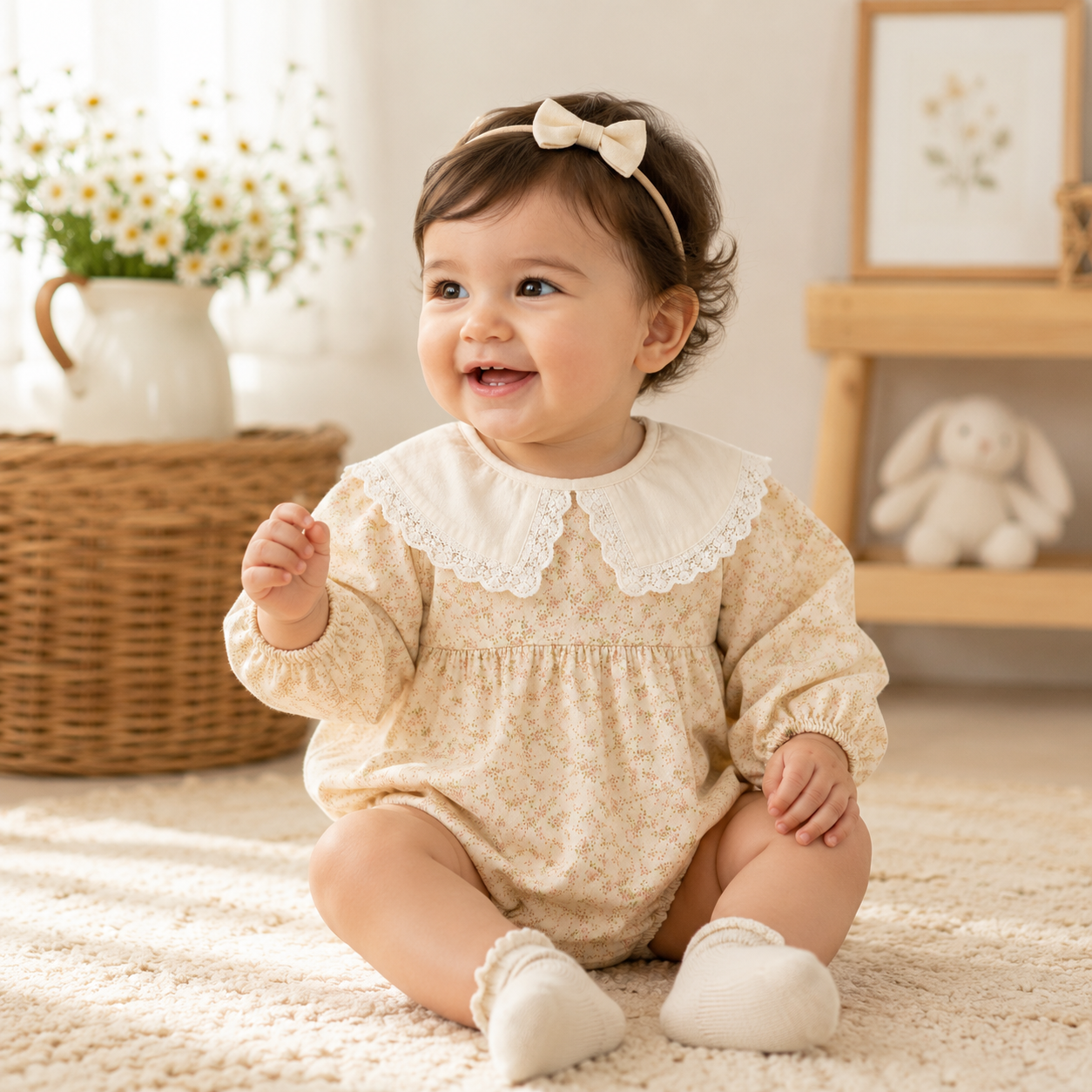 LaceWhimsy – Corduroy Floral Romper with Petal Collar for Baby Girls